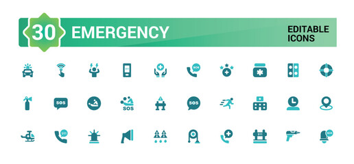 Emergency colorful icon set. Containing ambulance, emergency exit, first aid, police, medical, hospital, SOS icons. editable color Solid icons collection.