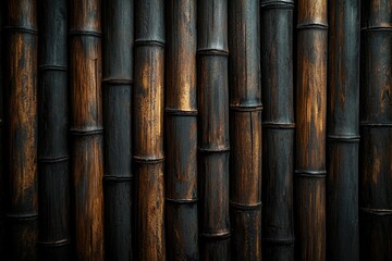Fototapeta premium Close-up of a Wall Constructed From Dark Brown and Black Bamboo Stalks