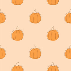 Vector seamless pattern with outline pumpkins in doodle style. Halloween or thanksgiving background and texture.