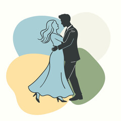 a couple dancing. The couple is in a romantic embrace, with the man's arms around the woman