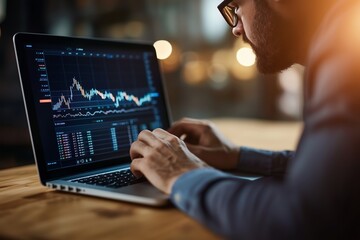 Fototapeta premium A person analyzes stock market trends on a laptop while sitting at a wooden table in a well-lit workspace