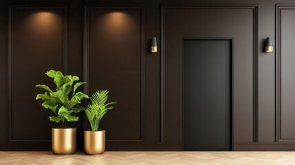 Warm-toned entryway with chocolate walls, gold accents, and a soft glow from elegant lighting fixtures   luxury entrance, warm atmosphere