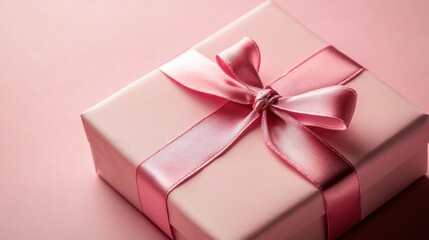 Fototapeta premium A close-up of a pink gift box tied with a satin ribbon against a soft pink background.