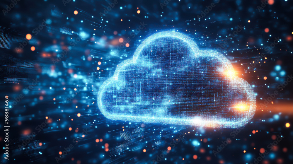 Aufkleber cloud computing. the data transfer and storage concept has a cloud in the middle connected to a whit