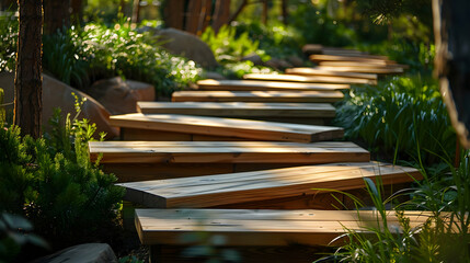 Fototapeta premium Wooden Path Through a Lush Garden