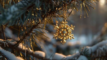 A pine limb is decorated with a golden winter pendant with a snowflake pattern