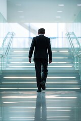 A man in a suit is walking up a set of stairs. Concept of professionalism and formality, as the man is dressed in a suit and tie. The stairs themselves are clean and well-maintained