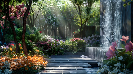 Obraz premium Serene Garden with Waterfall and Sunbeams
