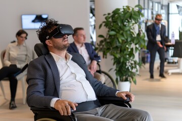 People In Wheelchair. Disabled Businessman Leading Team Meeting in Modern Office Space