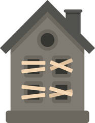 This illustration features a dilapidated gray house with boarded windows, conveying a sense of abandonment and neglect