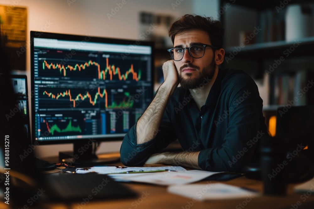 Poster focused man analyzing financial data on a computer screen in a dimly lit office during the evening