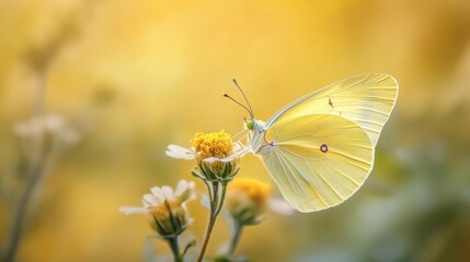Naklejka premium A close-up of a yellow butterfly resting on a flower with a soft yellow background.
