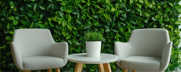 Eco-friendly corporate meeting room, walls adorned with green plants, sustainable materials used in furniture design, Eco-friendly office sustainability