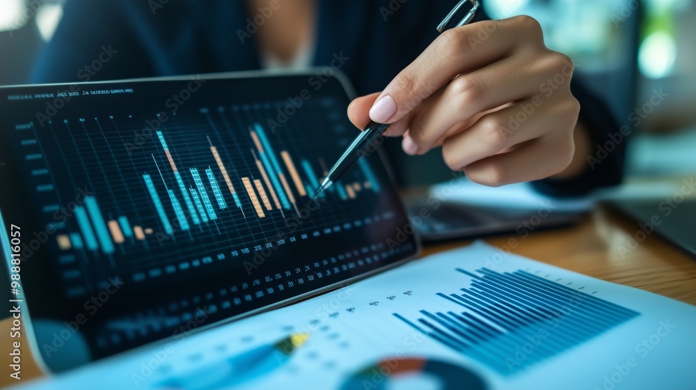 Poster analyzing data trends with digital graphs and charts on a tablet during a business meeting in a mode