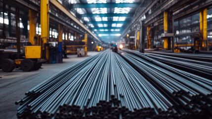 Steel rods neatly arranged in a large industrial warehouse with overhead lighting during daytime operations