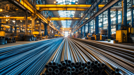 Fototapeta premium Steel rods neatly arranged in a large industrial warehouse with overhead lighting during daytime operations