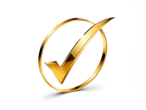 Shiny golden curve check mark in circle box symbol on white background, metallic gold tick mark sign