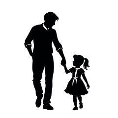 a father and daughter walking hand in hand. The father is on the left side of the image, with his back to the viewer, and the daughter on the right side
