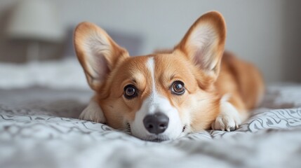 joyful corgi lies on a cozy bed looking directly at the camera with a cheerful expression capturing the playful and friendly personality of this adorable dog in a relaxed home setting