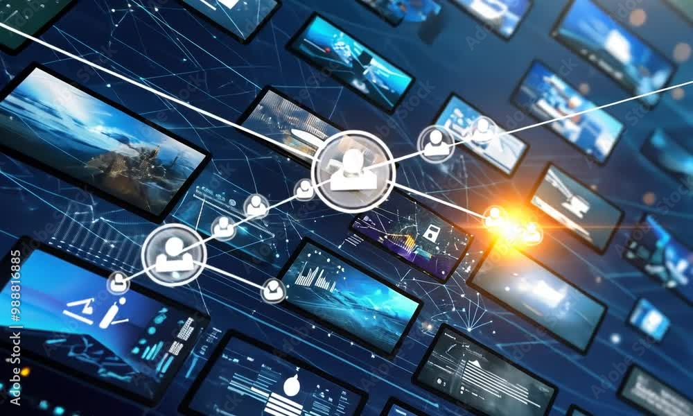 Poster experience the evolution of technology with multiple screens displaying the latest digital innovatio