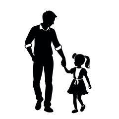 a father and daughter walking hand in hand. The father is on the left side of the image, with his back to the viewer, and the daughter on the right side
