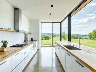 A kitchen with a window and a sink. There is a stove and a refrigerator in the kitchen