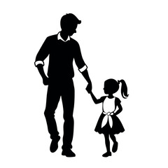 a father and daughter walking hand in hand. The father is on the left side of the image, with his back to the viewer, and the daughter on the right side