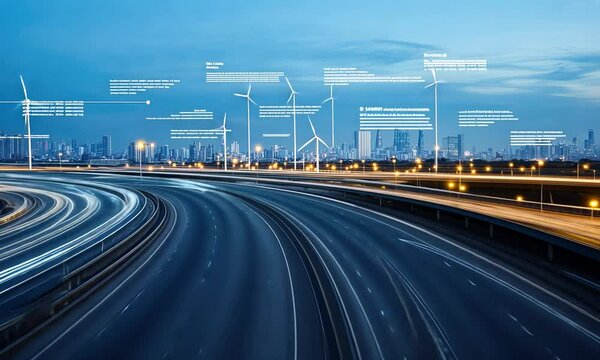 Highlighting the interplay of urban development and renewable energy, the video showcases illuminated highways and wind turbines against a dynamic city skyline at dusk