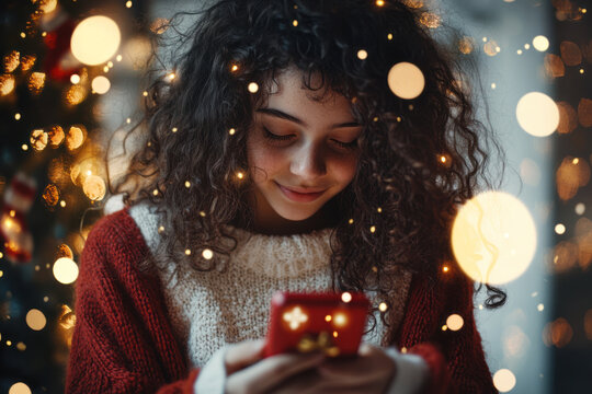 Girl generation Z holding in hands mobile phone. She orders gifts online, congratulates on the holiday. Christmas concept.