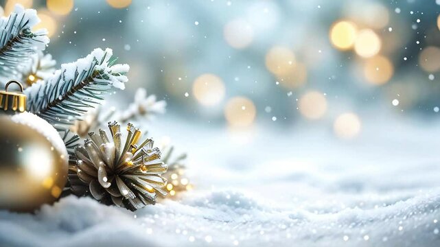 Christmas and New Year background with fir branches, Christmas tree ball, pine cone, bokeh lights, snowfall and copy space.