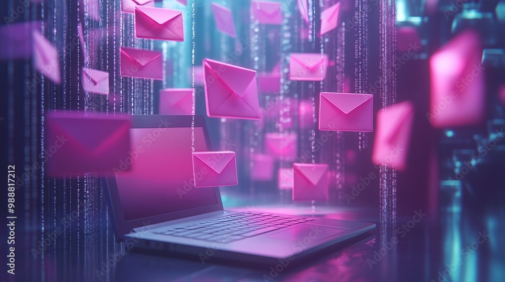 Poster computer screen displaying floating envelope icons email marketing concept.