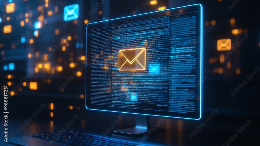 Poster computer screen displaying glowing email notifications and code on dark background. email marketing 