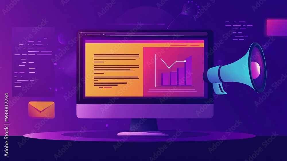 Poster computer screen displaying graphs and notifications in a colorful digital environment. email marketi