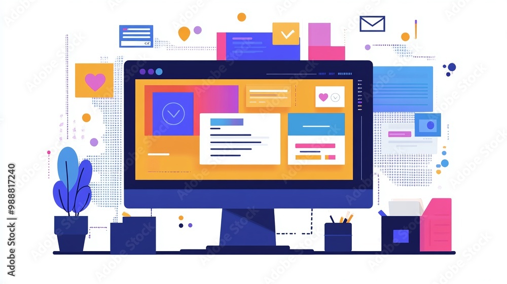 Poster computer screen with colorful interface and digital elements, white isolate background email marketi
