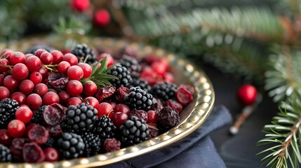 A platter of dried berries with a pine backdrop