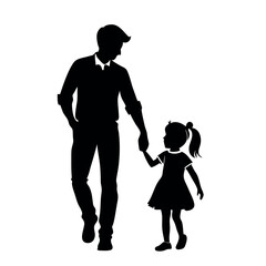 a father and daughter walking hand in hand. The father is on the left side of the image, with his back to the viewer, and the daughter on the right side