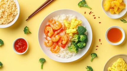 A colorful bowl of shrimp, broccoli, and scrambled eggs served over rice on a yellow background.