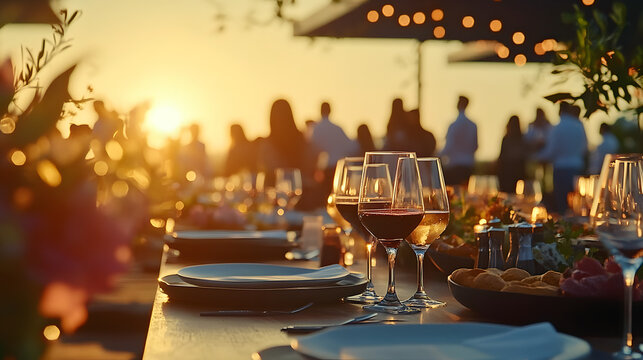 Close-up of a sunset dining setup outdoors, featuring glasses of wine and plates of gourmet food with people socializing in the background. Birthday, corporate party celebration.