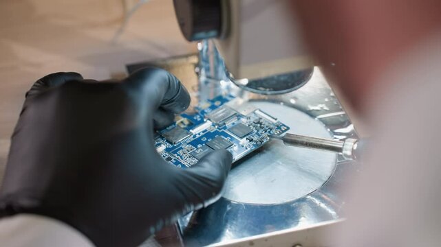 A behind view of a technician's gloved hands working on a blue circuit board under a microscope, the technician is carefully using a soldering iron to solder the electronic components