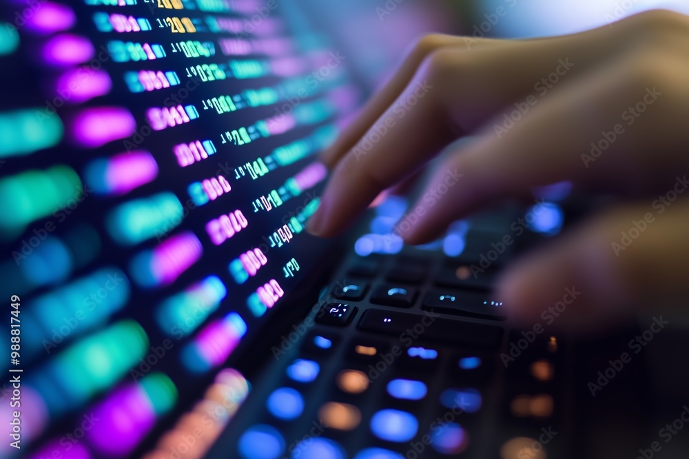 Poster hands typing on a keyboard with colorful code displayed on the screen at a tech workspace during nig