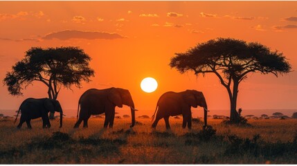 Fototapeta premium A sunset safari scene with an orange sky, silhouettes of elephants and acacia trees creating a dramatic landscape.