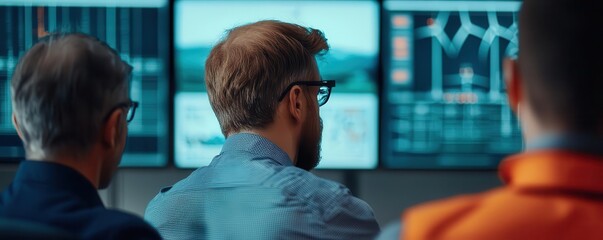 Futuristic business meeting focused on wind turbine energy planning, with digital screens displaying green energy stats, Wind turbines, planning eco