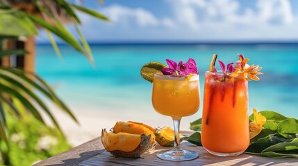 Obraz premium A close-up of tropical cocktails served by the beach, garnished with fresh fruits and vibrant flowers, with the stunning Maldivian sea in the background.