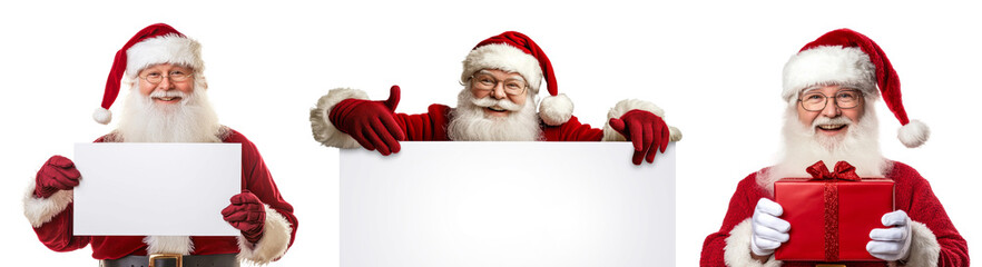 Three Santa Claus holding a white sign and a red gift on white background