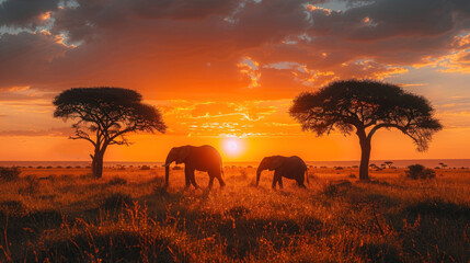 Obraz premium A sunset safari scene with an orange sky, silhouettes of elephants and acacia trees creating a dramatic landscape.