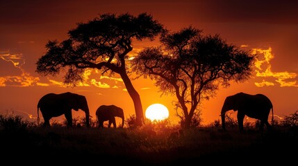 A sunset safari scene with an orange sky, silhouettes of elephants and acacia trees creating a dramatic landscape.
