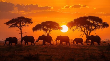 Fototapeta premium A sunset safari scene with an orange sky, silhouettes of elephants and acacia trees creating a dramatic landscape.
