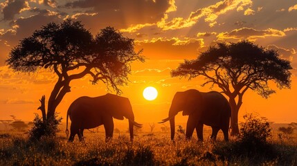 Fototapeta premium A sunset safari scene with an orange sky, silhouettes of elephants and acacia trees creating a dramatic landscape.