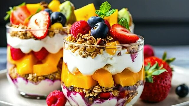 Delicious Fruit and Yogurt Parfait Recipe with Mango, Strawberries, Blueberries, and Granola