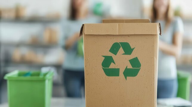 A team of professionals brainstorming green initiatives, surrounded by recycling bins and eco-friendly supplies, Recycling workspace modern